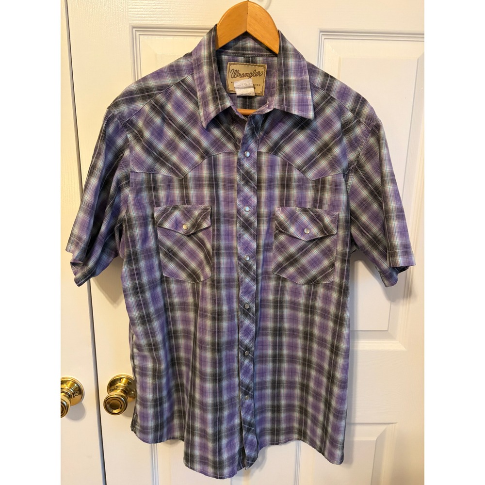 Wrangler Western Fashion Snap Shirt Mens Large Purple Plaid Short Sleeve WM197PL